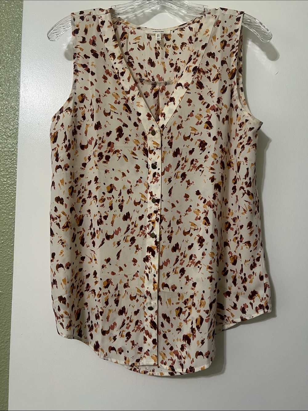 Maurices Sleeveless Button-Front Blouse in Cream with Brown & Mustard Spot Print